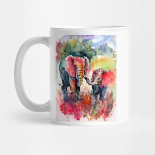 Colorful elephant with baby on the field Mug